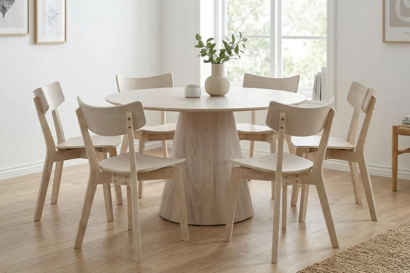 Siena Matgrupp 130 cm runt Vitlaserad med 6 Amelia Matstolar - Vitlaserad - Möbler - Bord & matgrupper - Matgrupper