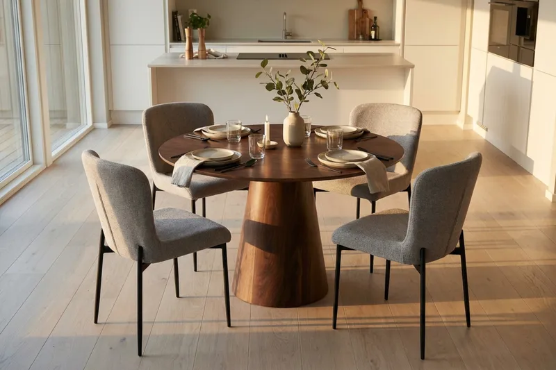 Siena Matgrupp runt 110 cm Valnöt med 4 Elsie Matstolar - Valnöt/Ljusgrå - Möbler - Bord & matgrupper - Matgrupper