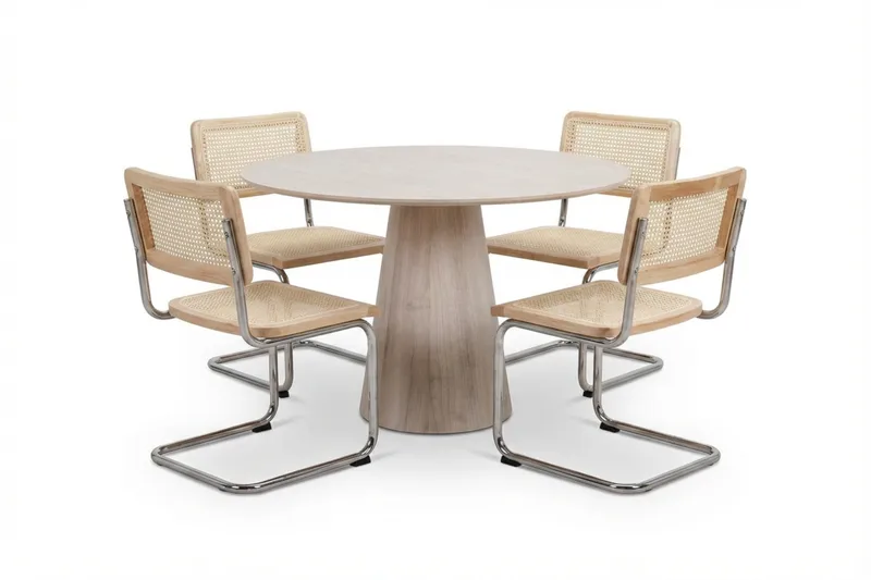 Siena Matgrupp runt 110 cm Vitlaserad med 4 Build Matstolar, Vitlaserad/Natur/krom