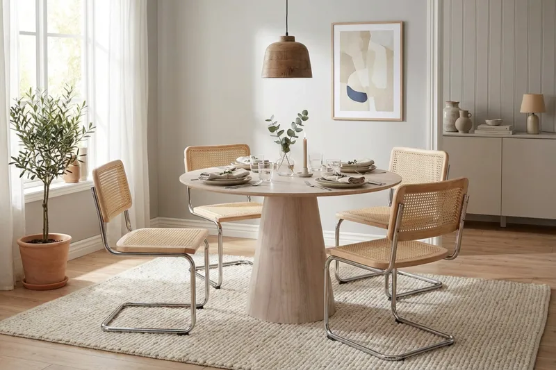 Siena Matgrupp runt 110 cm Vitlaserad med 4 Build Matstolar - Vitlaserad/Natur/krom - Möbler - Bord & matgrupper - Matgrupper