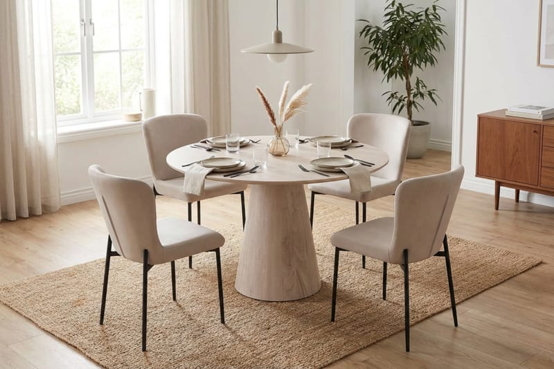 Siena Matgrupp runt 110 cm Vitlaserad med 4 Elsie Matstolar - Vitlaserad/Beige - Möbler - Bord & matgrupper - Matgrupper
