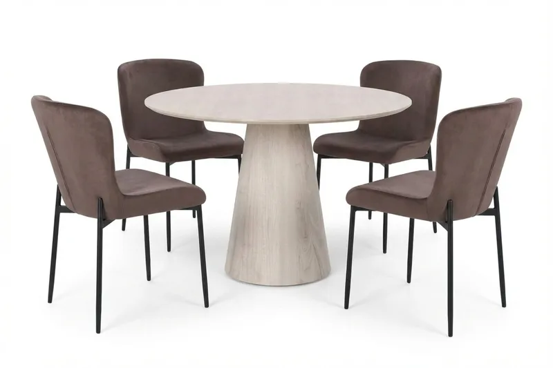 Siena Matgrupp runt 110 cm Vitlaserad med 4 Elsie Matstolar, Vitlaserad/Brun