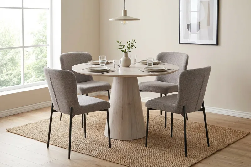 Siena Matgrupp runt 110 cm Vitlaserad med 4 Elsie Matstolar - Vitlaserad/Ljusgrå - Möbler - Bord & matgrupper - Matgrupper