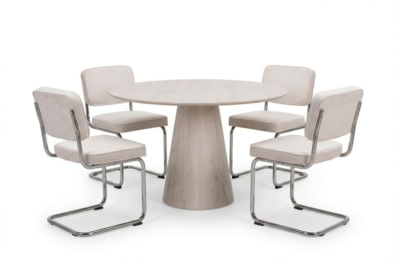 Siena Matgrupp runt 110 cm Vitlaserad med 4 Milva Matstolar, Vitlaserad/Beige/krom