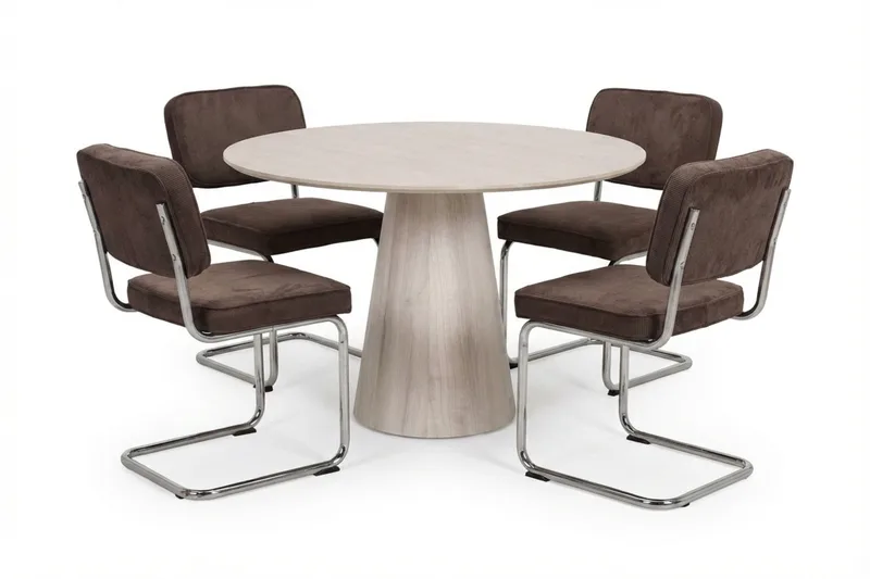 Siena Matgrupp runt 110 cm Vitlaserad med 4 Milva Matstolar - Vitlaserad/Brun/krom - Möbler - Bord & matgrupper - Matgrupper