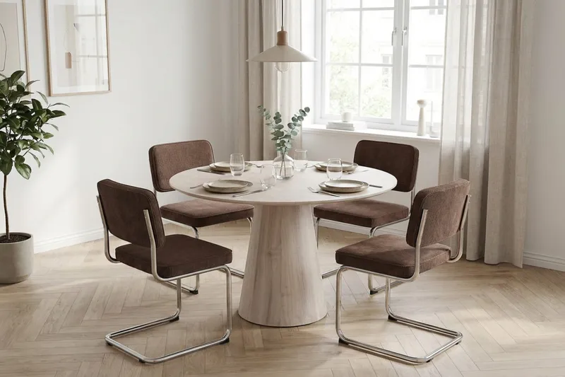 Siena Matgrupp runt 110 cm Vitlaserad med 4 Milva Matstolar - Vitlaserad/Brun/krom - Möbler - Bord & matgrupper - Matgrupper