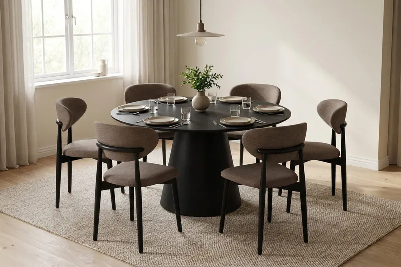 Siena Matgrupp runt 130 cm Svart med 6 Molly Matstolar - Svart - Möbler - Bord & matgrupper - Matgrupper