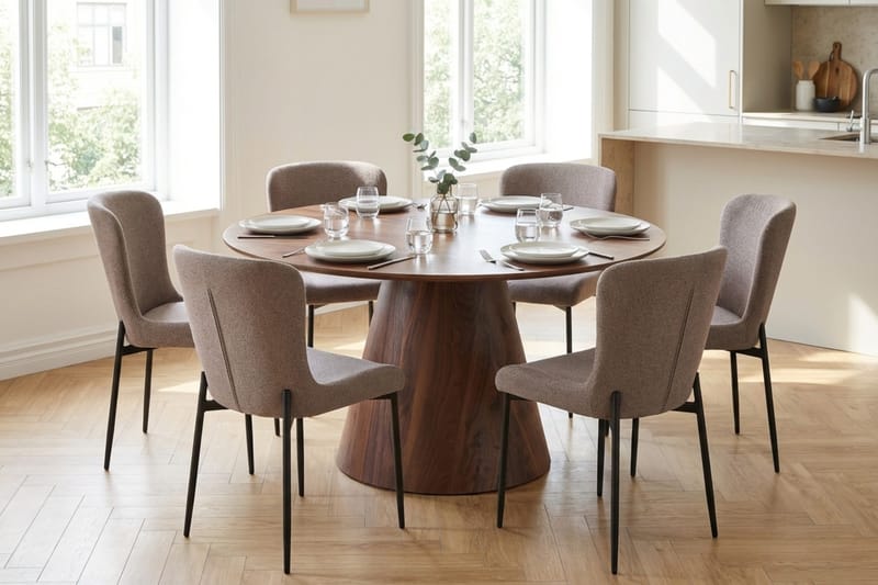 Siena Matgrupp runt 130 cm Valnöt med 6 Elsie Matstolar - Valnöt/Grå - Möbler - Bord & matgrupper - Matgrupper