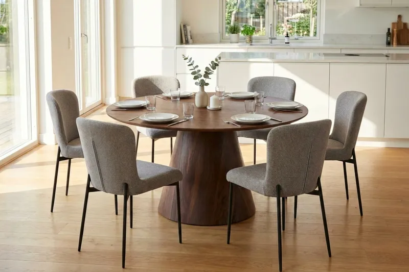 Siena Matgrupp runt 130 cm Valnöt med 6 Elsie Matstolar - Valnöt/Ljusgrå - Möbler - Bord & matgrupper - Matgrupper
