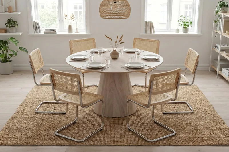 Siena Matgrupp runt 130 cm Vitlaserad med 6 Build Matstolar - Vitlaserad/Natur/krom - Möbler - Bord & matgrupper - Matgrupper