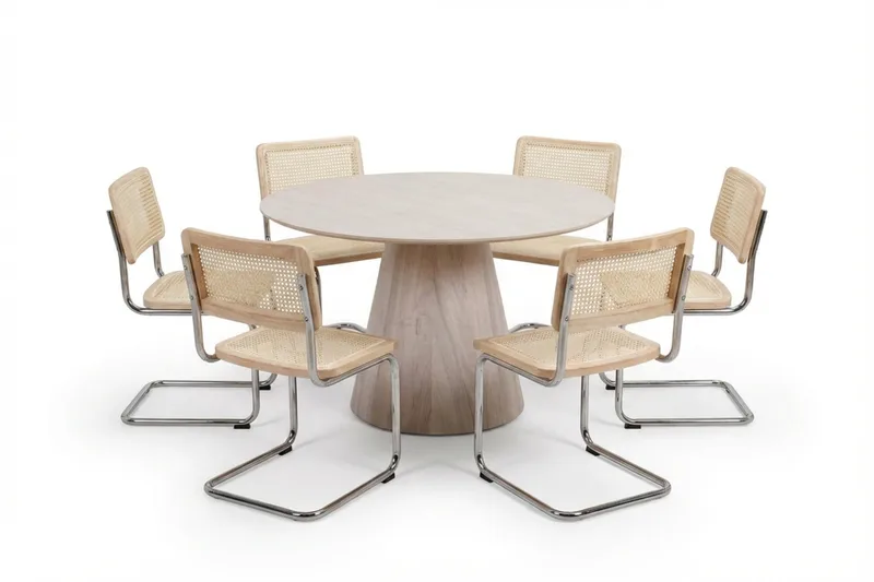 Siena Matgrupp runt 130 cm Vitlaserad med 6 Build Matstolar, Vitlaserad/Natur/krom