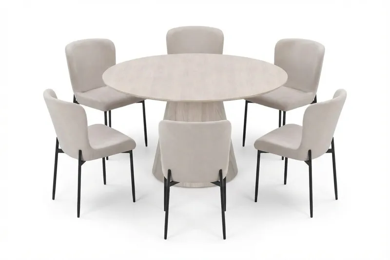 Siena Matgrupp runt 130 cm Vitlaserad med 6 Elsie Matstolar - Vitlaserad/Beige - Möbler - Bord & matgrupper - Matgrupper