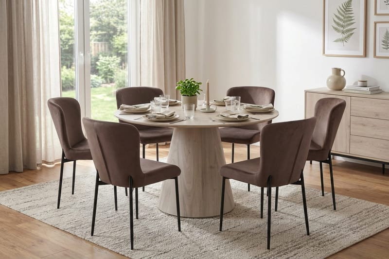 Siena Matgrupp runt 130 cm Vitlaserad med 6 Elsie Matstolar - Vitlaserad/Brun - Möbler - Bord & matgrupper - Matgrupper