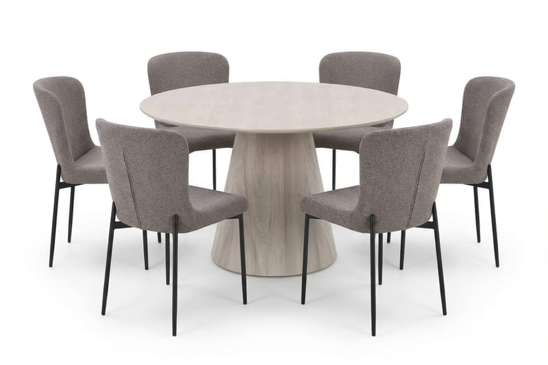 Siena Matgrupp runt 130 cm Vitlaserad med 6 Elsie Matstolar, Vitlaserad/Grå