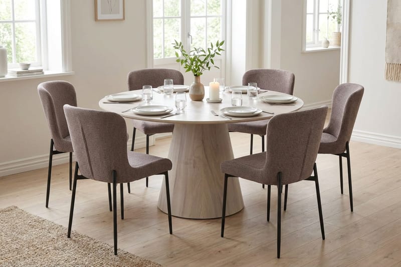 Siena Matgrupp runt 130 cm Vitlaserad med 6 Elsie Matstolar - Vitlaserad/Grå - Möbler - Bord & matgrupper - Matgrupper