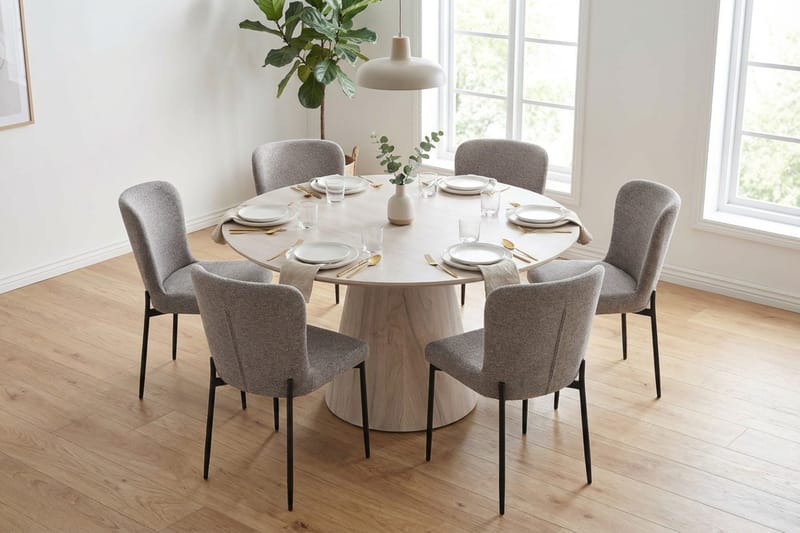 Siena Matgrupp runt 130 cm Vitlaserad med 6 Elsie Matstolar - Vitlaserad/Ljusgrå - Möbler - Bord & matgrupper - Matgrupper