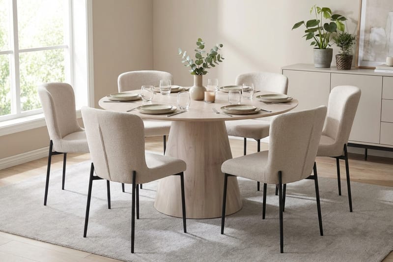 Siena Matgrupp runt 130 cm Vitlaserad med 6 Elsie Matstolar - Vitlaserad/Vit - Möbler - Bord & matgrupper - Matgrupper