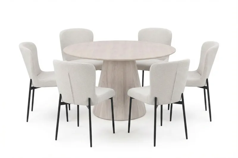 Siena Matgrupp runt 130 cm Vitlaserad med 6 Elsie Matstolar - Vitlaserad/Vit - Möbler - Bord & matgrupper - Matgrupper