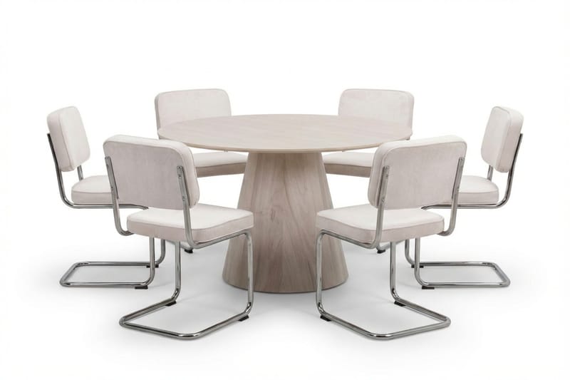 Siena Matgrupp runt 130 cm Vitlaserad med 6 Milva Matstolar - Vitlaserad/Beige/krom - Möbler - Bord & matgrupper - Matgrupper