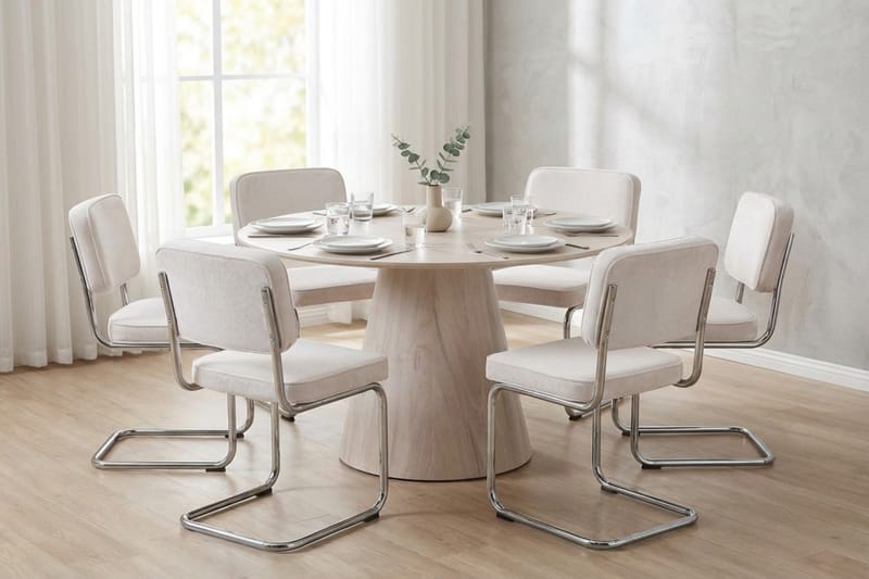 Siena Matgrupp runt 130 cm Vitlaserad med 6 Milva Matstolar - Vitlaserad/Beige/krom - Möbler - Bord & matgrupper - Matgrupper