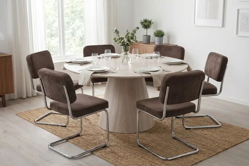 Siena Matgrupp runt 130 cm Vitlaserad med 6 Milva Matstolar - Vitlaserad/Brun/krom - Möbler - Bord & matgrupper - Matgrupper