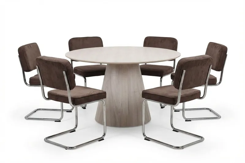 Siena Matgrupp runt 130 cm Vitlaserad med 6 Milva Matstolar, Vitlaserad/Brun/krom