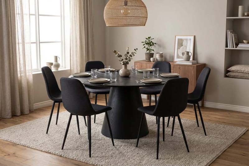 Siena Matgrupp runt 150 cm Svart med 6 Nibe Matstolar - Svart - Möbler - Bord & matgrupper - Matgrupper