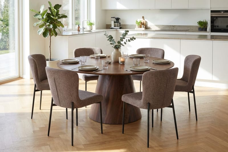 Siena Matgrupp runt 150 cm Valnöt med 6 Elsie Matstolar - Valnöt/Grå - Möbler - Bord & matgrupper - Matgrupper