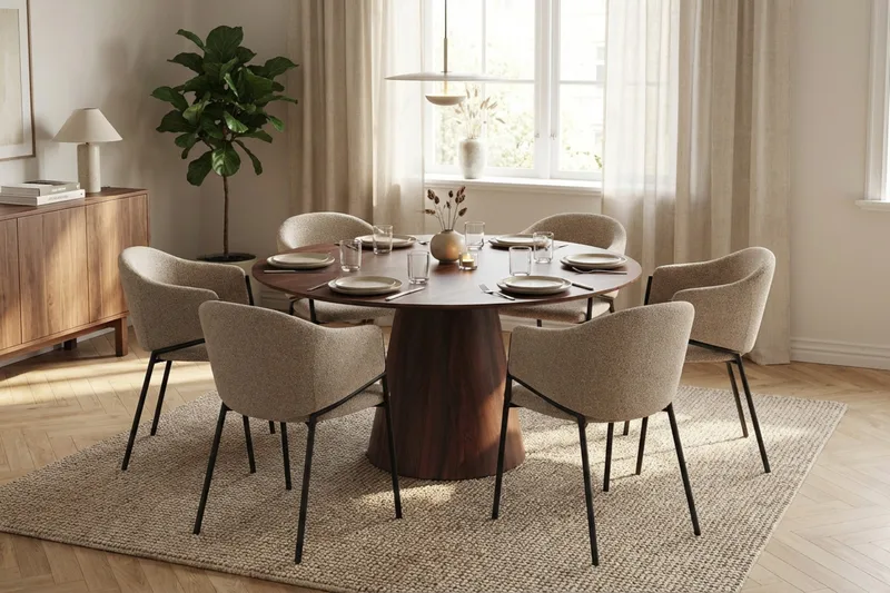 Siena Matgrupp runt 150 cm Valnöt med 6 Filip Matstolar - Valnöt - Möbler - Bord & matgrupper - Matgrupper