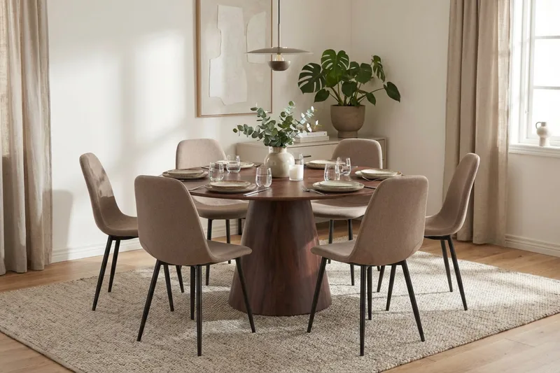 Siena Matgrupp runt 150 cm Valnöt med 6 Nibe Matstolar - Valnöt - Möbler - Bord & matgrupper - Matgrupper