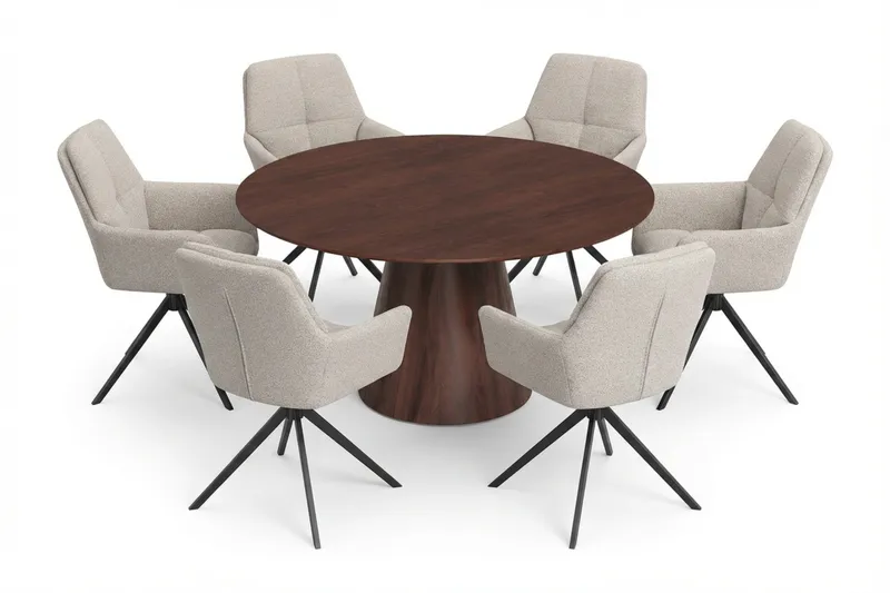 Siena Matgrupp runt 150 cm Valnöt med 6 Torsby Matstolar, Valnöt