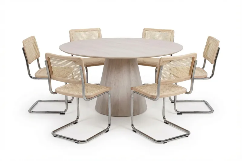 Siena Matgrupp runt 150 cm Vitlaserad med 6 Build Matstolar, Vitlaserad/Natur/krom