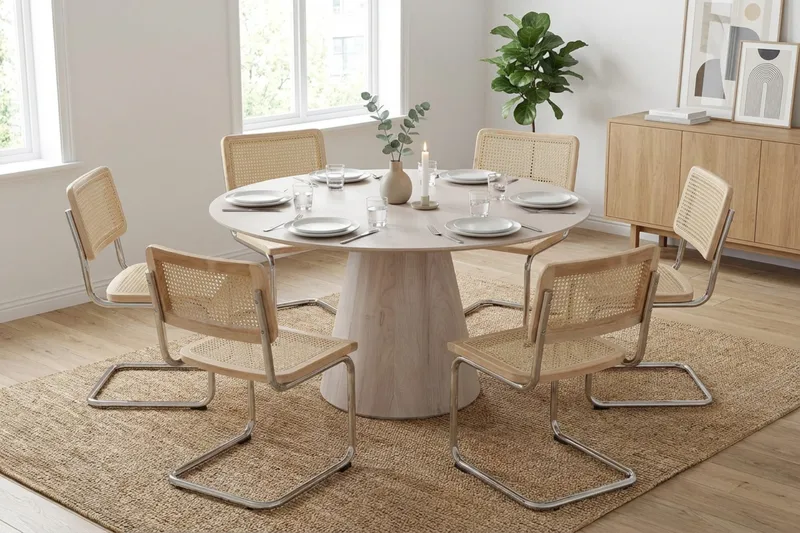 Siena Matgrupp runt 150 cm Vitlaserad med 6 Build Matstolar - Vitlaserad/Natur/krom - Möbler - Bord & matgrupper - Matgrupper