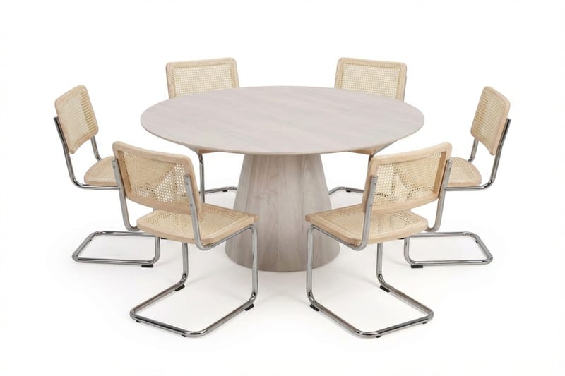 Siena Matgrupp runt 150 cm Vitlaserad med 6 Build Matstolar - Vitlaserad/Natur/krom - Möbler - Bord & matgrupper - Matgrupper