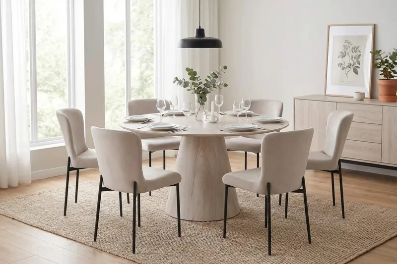 Siena Matgrupp runt 150 cm Vitlaserad med 6 Elsie Matstolar - Vitlaserad/Beige - Möbler - Bord & matgrupper - Matgrupper