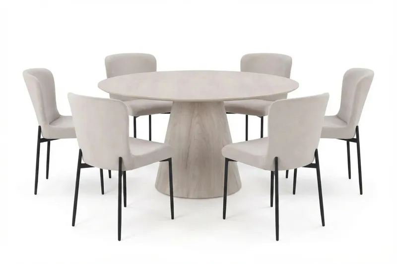 Siena Matgrupp runt 150 cm Vitlaserad med 6 Elsie Matstolar, Vitlaserad/Beige