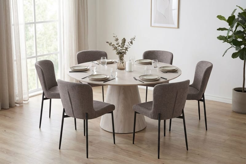 Siena Matgrupp runt 150 cm Vitlaserad med 6 Elsie Matstolar - Vitlaserad/Brun - Möbler - Bord & matgrupper - Matgrupper