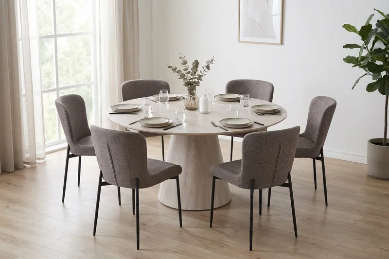 Siena Matgrupp runt 150 cm Vitlaserad med 6 Elsie Matstolar - Vitlaserad/Grå - Möbler - Bord & matgrupper - Matgrupper