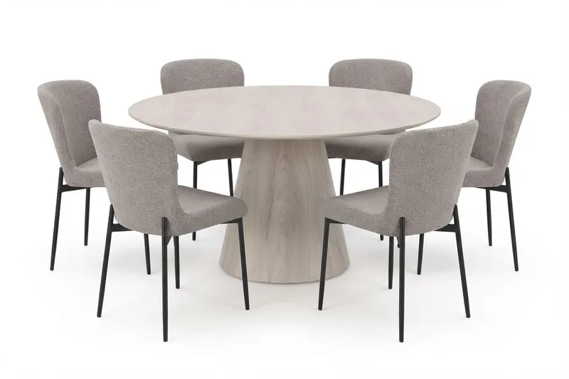 Siena Matgrupp runt 150 cm Vitlaserad med 6 Elsie Matstolar - Vitlaserad/Ljusgrå - Möbler - Bord & matgrupper - Matgrupper