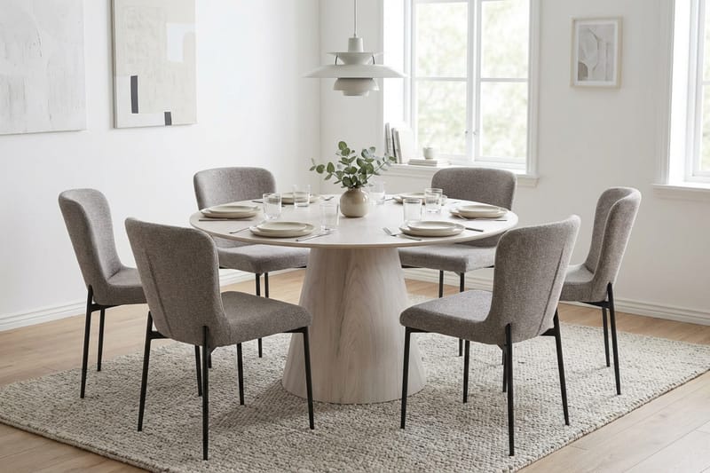 Siena Matgrupp runt 150 cm Vitlaserad med 6 Elsie Matstolar - Vitlaserad/Ljusgrå - Möbler - Bord & matgrupper - Matgrupper