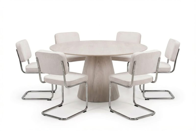 Siena Matgrupp runt 150 cm Vitlaserad med 6 Milva Matstolar, Vitlaserad/Beige/krom