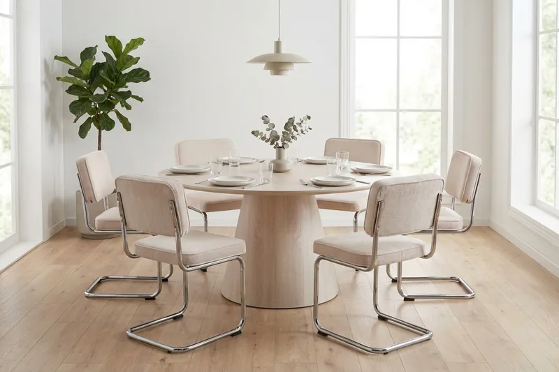 Siena Matgrupp runt 150 cm Vitlaserad med 6 Milva Matstolar - Vitlaserad/Beige/krom - Möbler - Bord & matgrupper - Matgrupper