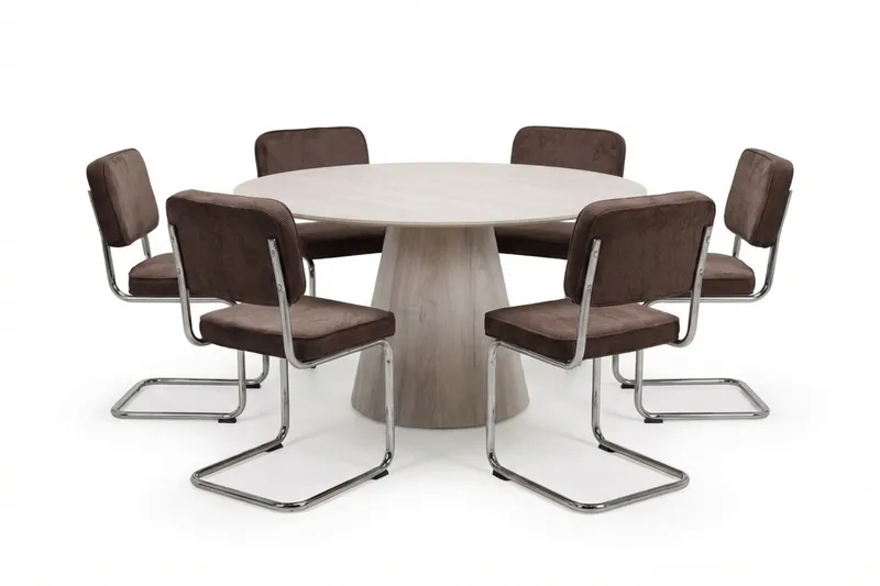 Siena Matgrupp runt 150 cm Vitlaserad med 6 Milva Matstolar - Vitlaserad/Brun/krom - Möbler - Bord & matgrupper - Matgrupper