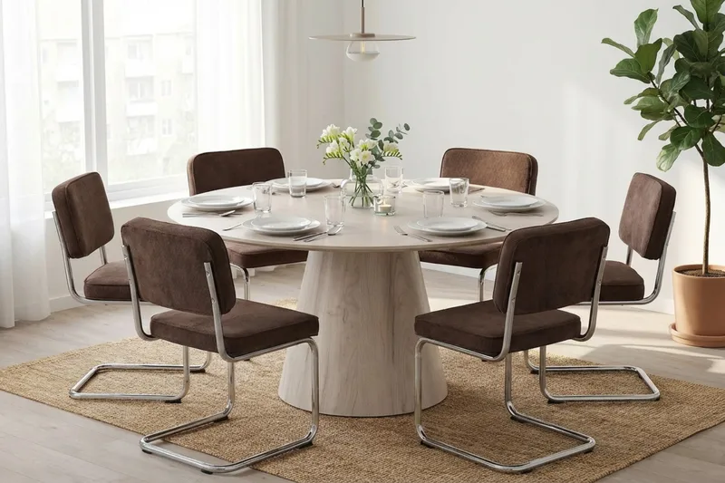 Siena Matgrupp runt 150 cm Vitlaserad med 6 Milva Matstolar - Vitlaserad/Brun/krom - Möbler - Bord & matgrupper - Matgrupper