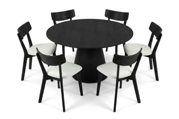 Siena Rund Matgrupp 150 cm – Matbord med 6 Amelia Matstolar med Dyna i Trä med Svartlaserad Ek-utseende - Svart - Möbler - Bord & matgrupper - Matgrupper