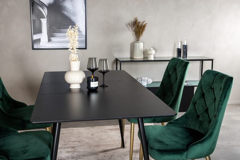 Silar Matgrupp Förlängningsbar 120 cm Rektangulär med 4 Velvet Deluxe stolar - Svart/Guld/Grön - Möbler - Bord & matgrupper - Matgrupper