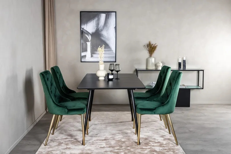 Silar Matgrupp Förlängningsbar 120 cm Rektangulär med 4 Velvet Deluxe stolar, Svart/Guld/Grön