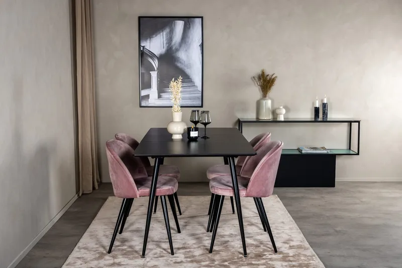 Silar Rektangulär Matgrupp 120-160 cm med 4 Velvet Matstolar, gammelrosa