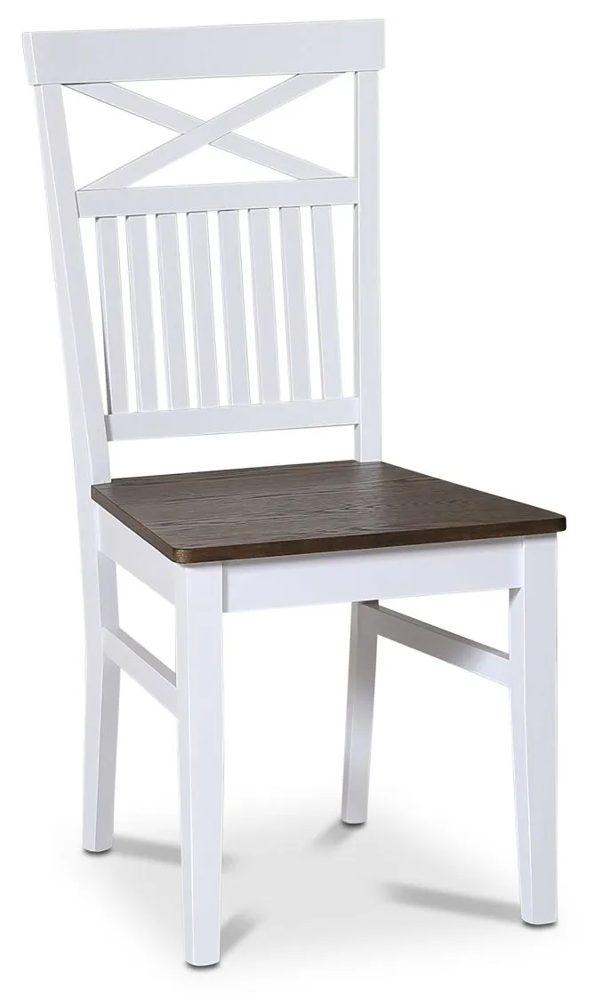 Skagen matgrupp; runt matbord Ø120 cm - Vit / brunoljad ek med 4 st Skagen stolar (Kryss i ryggen) med brunoljad eksits, Vit/Brunoljad ek