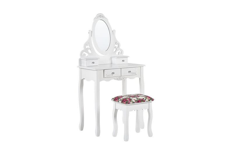 Amoura Toalettbord 70 cm Oval Spegel + Pall - Vit - Sminkbord med spegel - Sminkbord & toalettbord